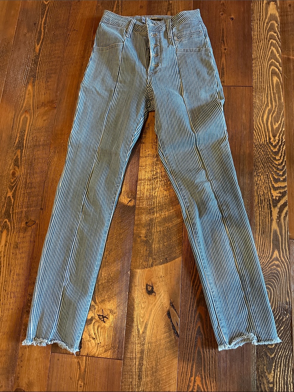 Kut from the Kloth Blue and White Pinstripe Straight Leg Jeans with frayed hem